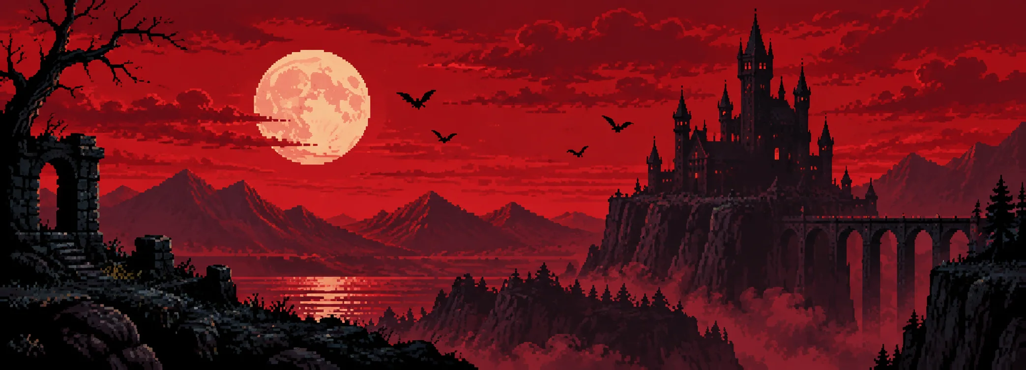 Pixel castle under a red moon
