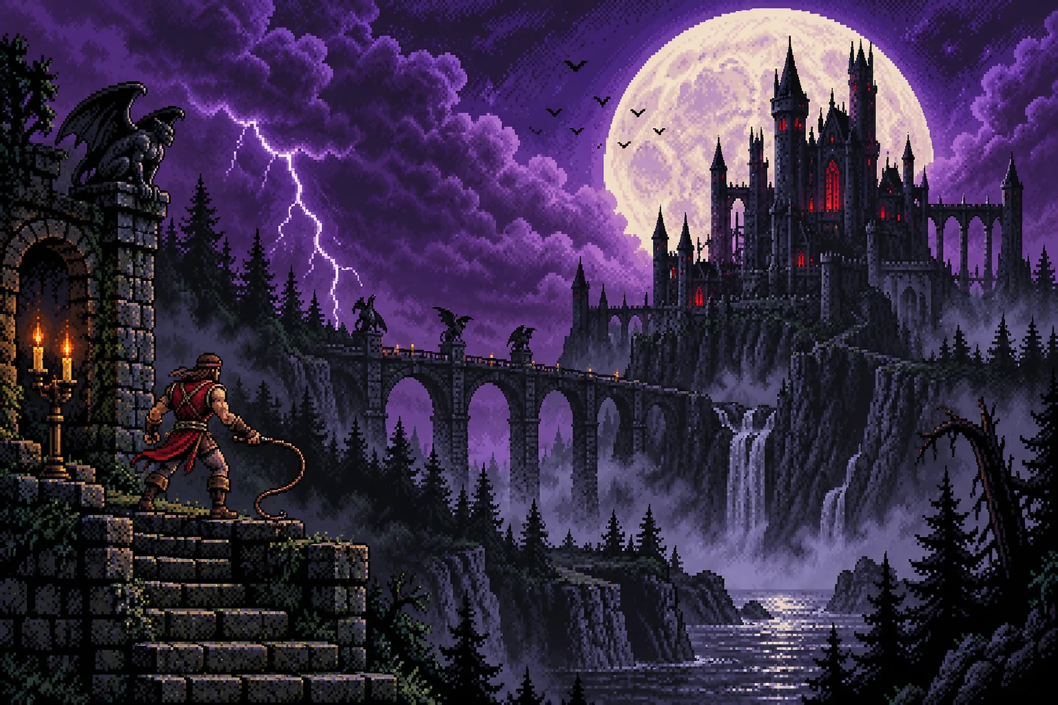 Pixel-art castle under a full moon with a whip fighter on the steps