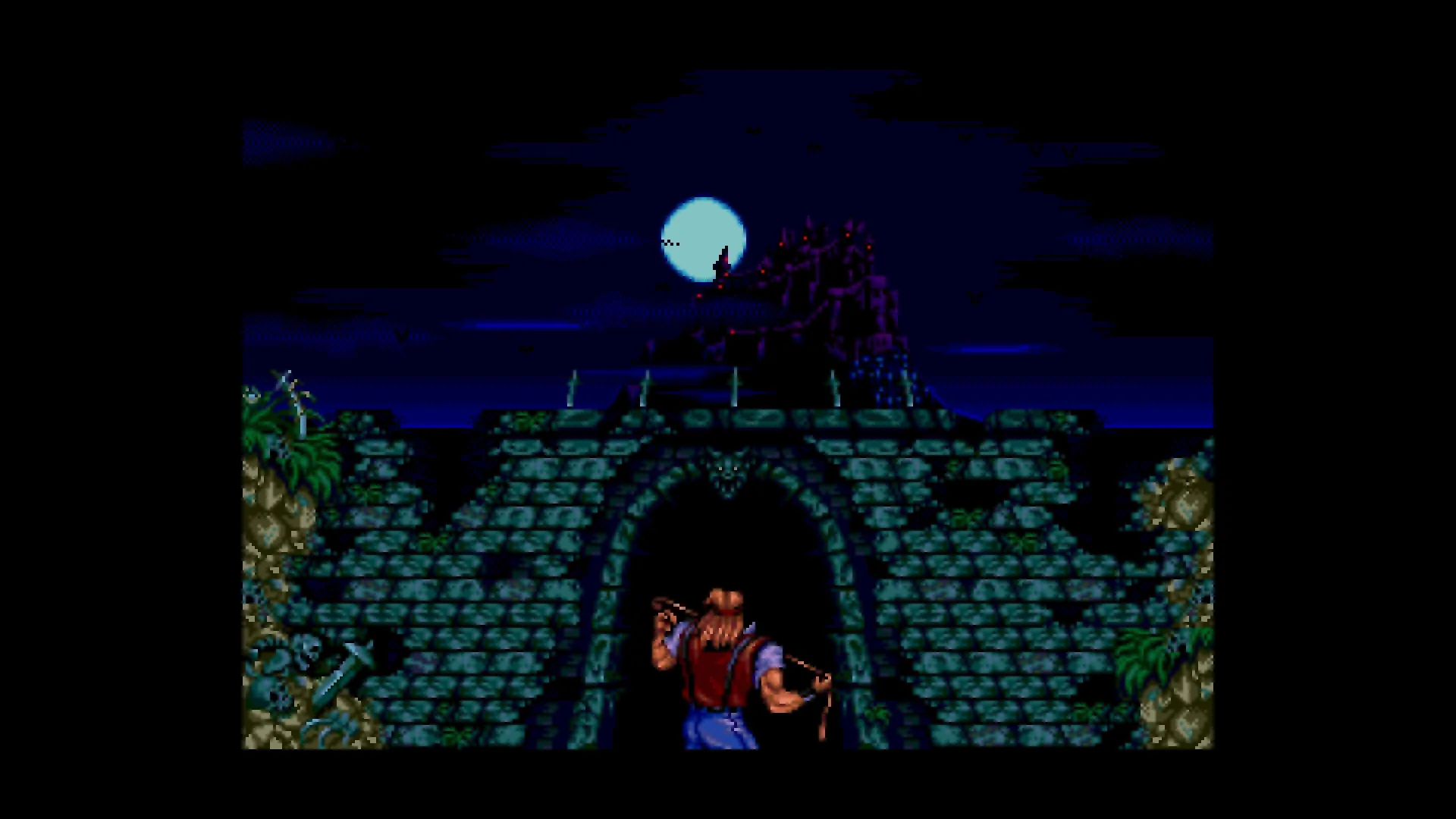 A Belmont faces a moonlit castle in Super Castlevania IV, Anniversary Collection screenshot